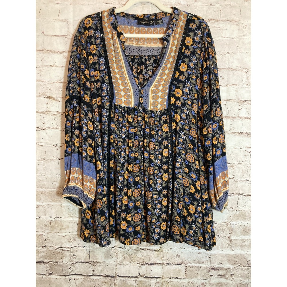 Lola P. Peasant Top Womens Medium Dark Romantic Mixed Print Boho Tunic Style